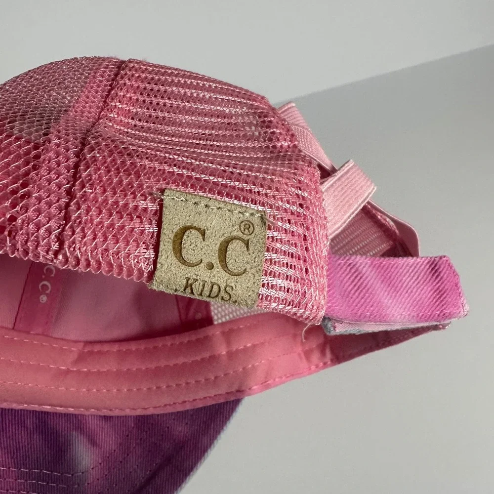 CC Kids Pink Tie Dye Distressed Baseball Cap Criss Cross‎ Ponytail Trucker Hat
